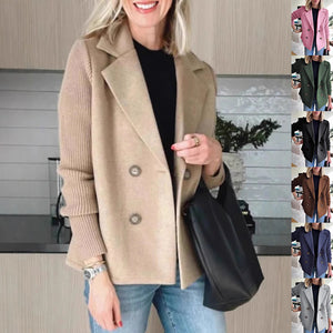 Women’s Double Breasted Lapel Jacket – Fashion Knitted Sleeve Splicing Coat