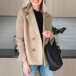 Women’s Double Breasted Lapel Jacket – Fashion Knitted Sleeve Splicing Coat