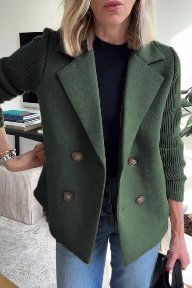 Women’s Double Breasted Lapel Jacket – Fashion Knitted Sleeve Splicing Coat