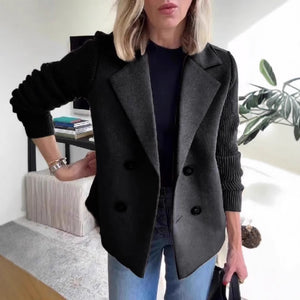 Women’s Double Breasted Lapel Jacket – Fashion Knitted Sleeve Splicing Coat