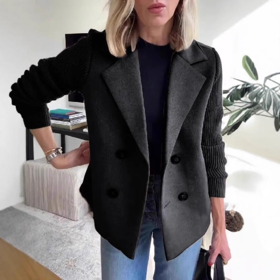 Women’s Double Breasted Lapel Jacket – Fashion Knitted Sleeve Splicing Coat