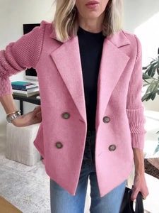 Women’s Double Breasted Lapel Jacket – Fashion Knitted Sleeve Splicing Coat