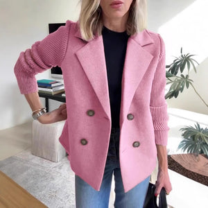 Women’s Double Breasted Lapel Jacket – Fashion Knitted Sleeve Splicing Coat
