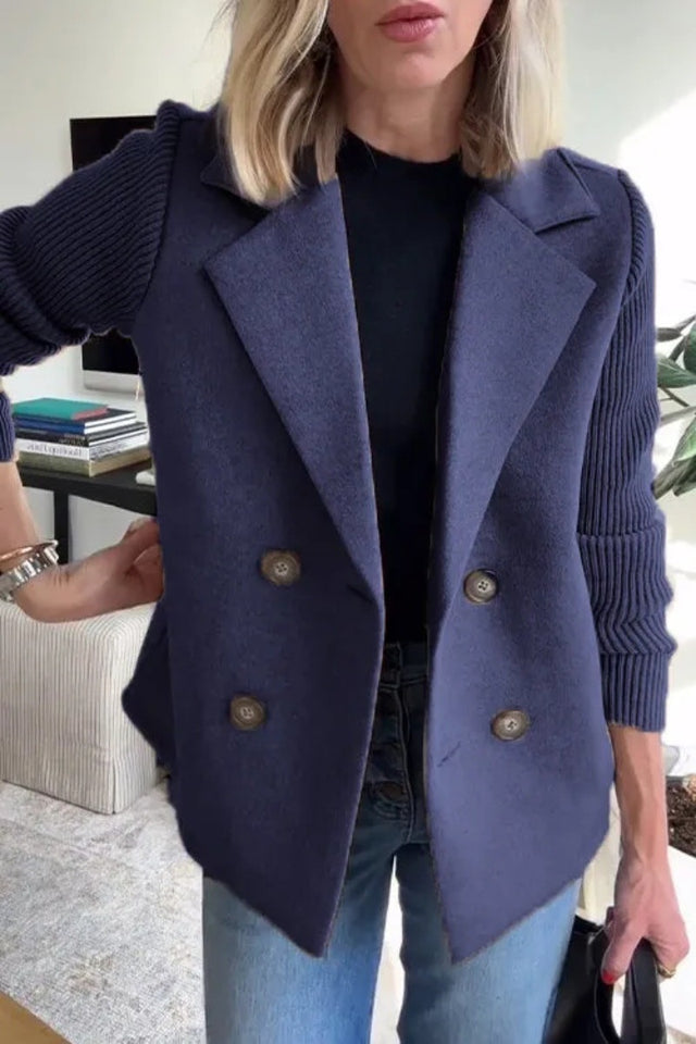 Women’s Double Breasted Lapel Jacket – Fashion Knitted Sleeve Splicing Coat