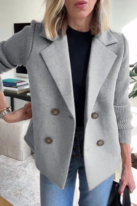 Women’s Double Breasted Lapel Jacket – Fashion Knitted Sleeve Splicing Coat