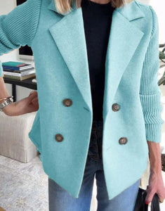 Women’s Double Breasted Lapel Jacket – Fashion Knitted Sleeve Splicing Coat