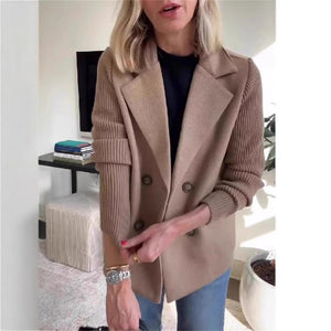 Women’s Double Breasted Lapel Jacket – Fashion Knitted Sleeve Splicing Coat